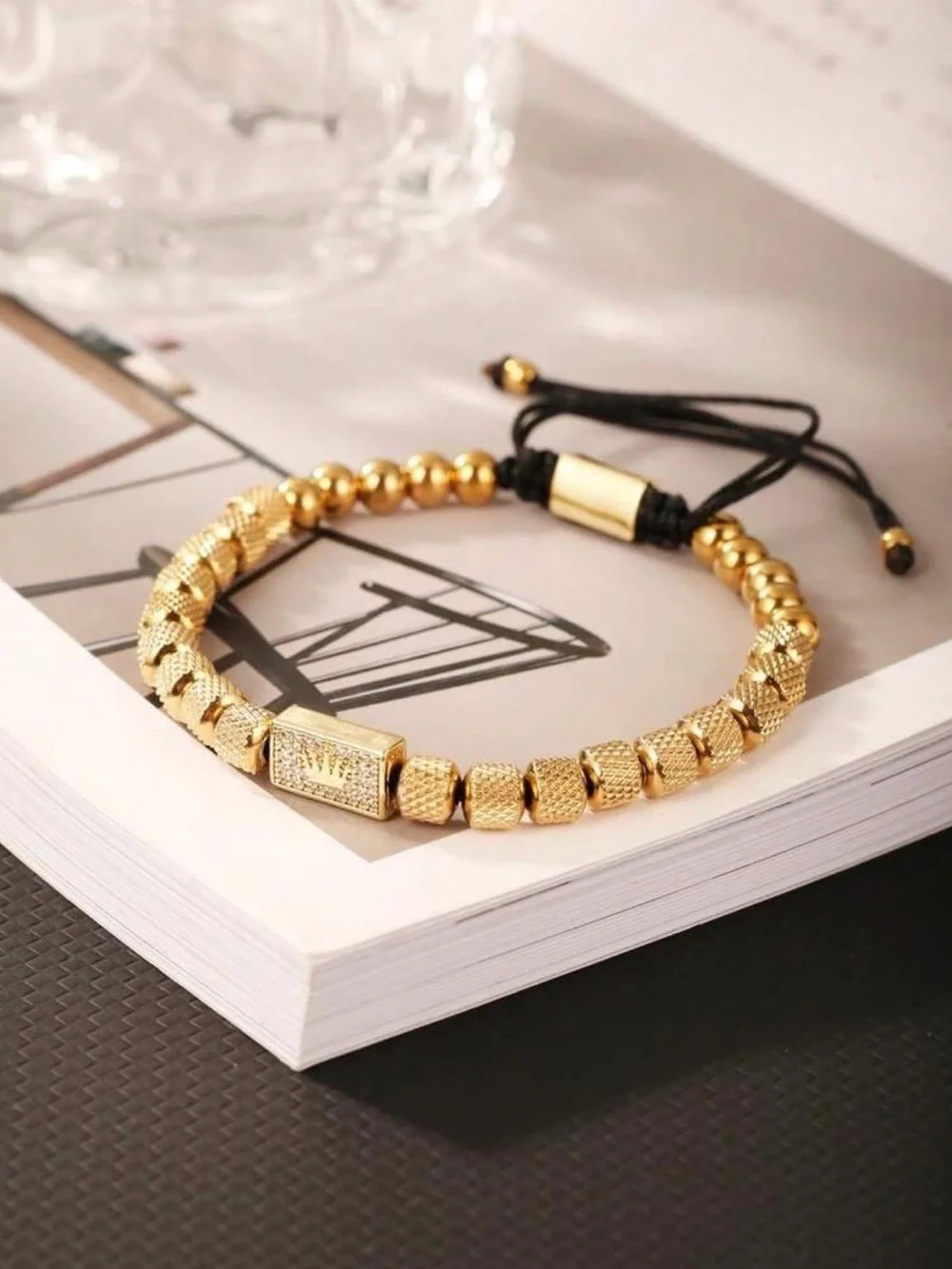 Gold-Tone Beaded Men’s Bracelet with Crown Charm